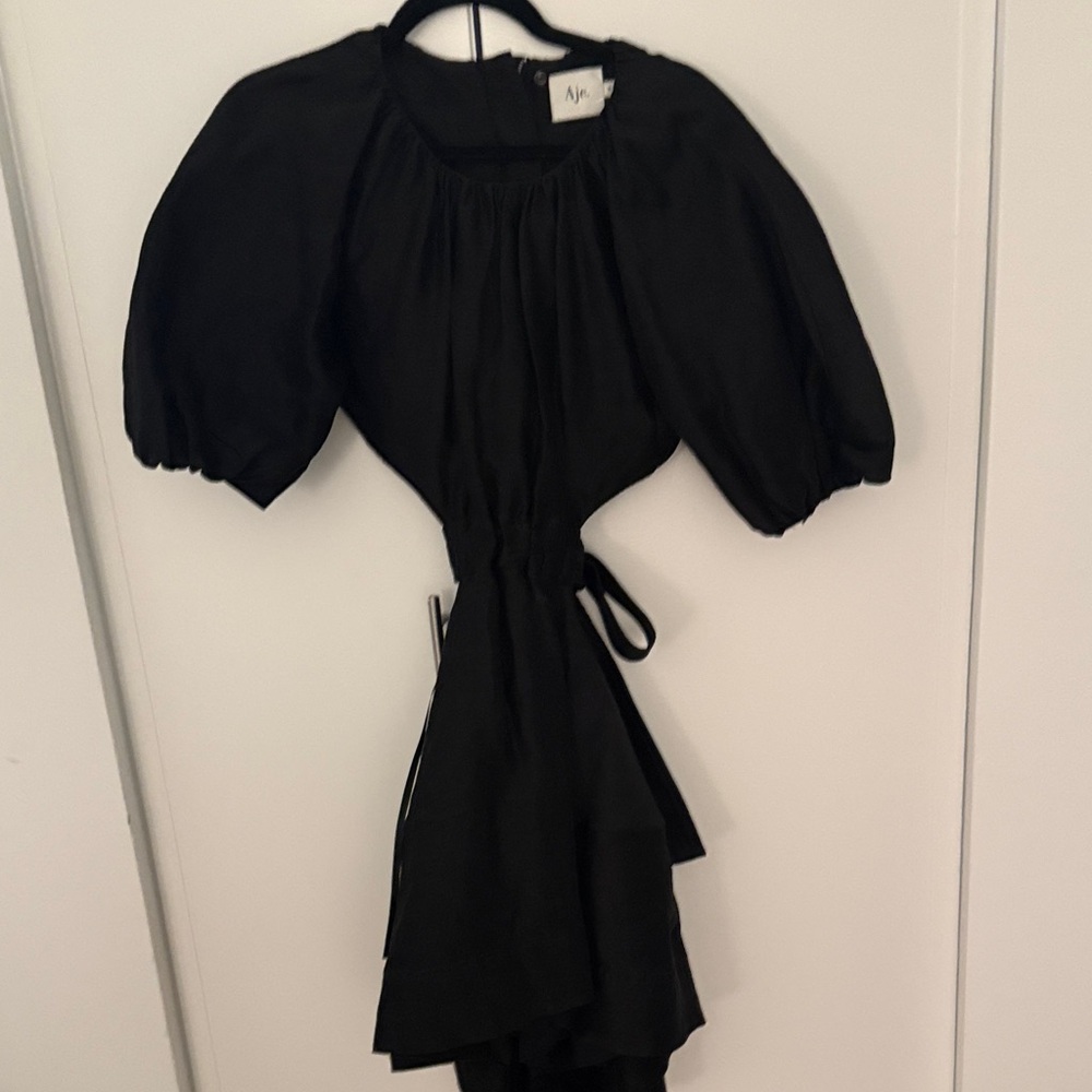 Aje Silk/linen Black Mini Cut out dress with tie bow in back